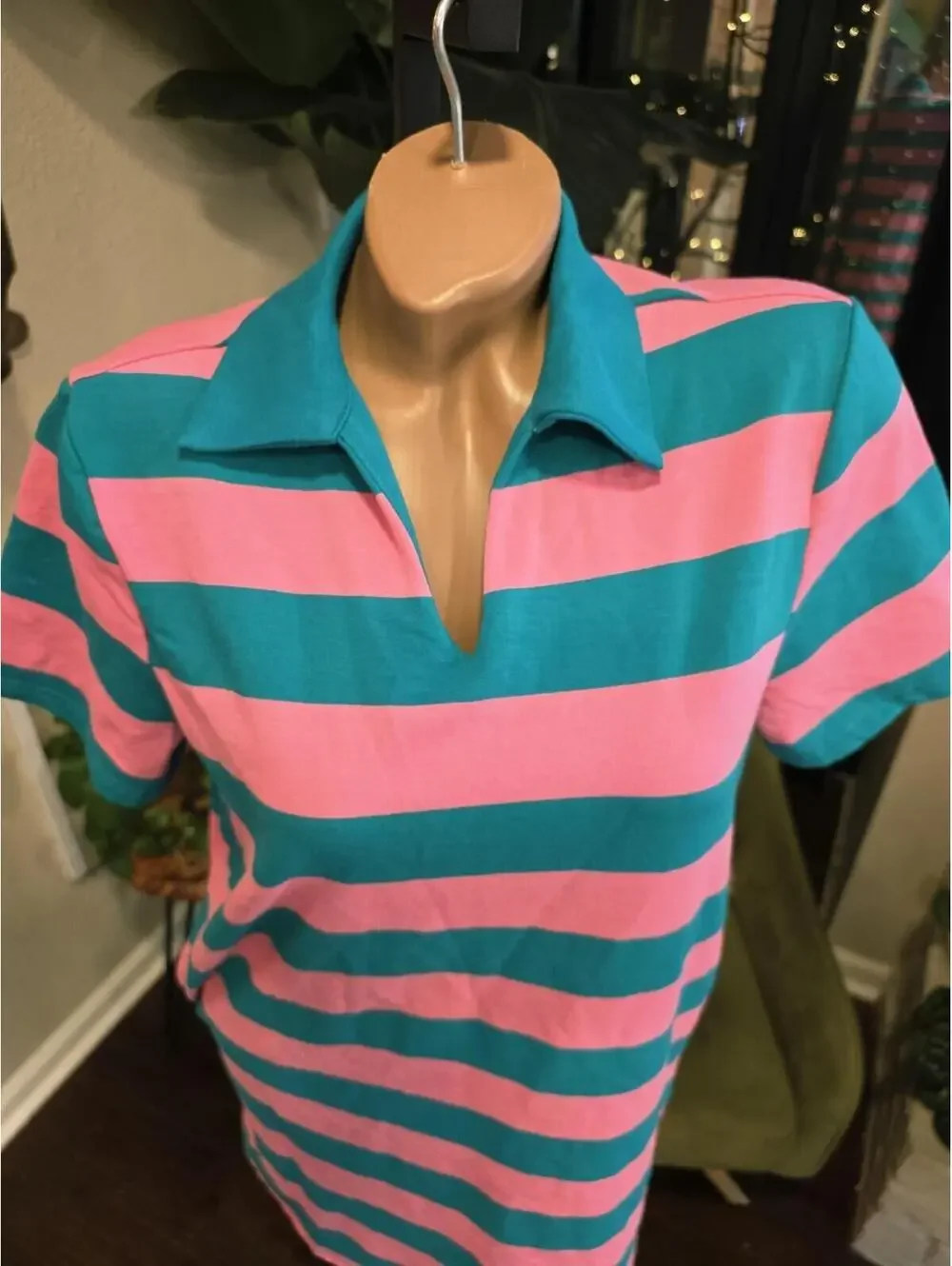 Pink Lily Teal Pink Striped Collared T-Shirt Dress Shift Preppy Knit Mini M - Picture 3 of 8